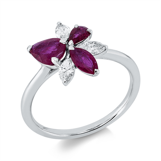 Ring 18 kt WG, 3 Nav. 0,36 ct, TW-si, 1 Rubin 0,30 ct rot, 2 Rubine 0,75 ct rot