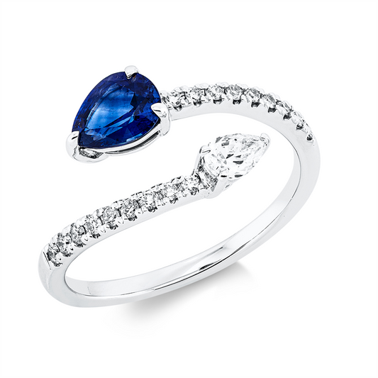 Ring 18 kt WG, 1 Tropfen 0,19 ct, TW-si, 18 Brill. 0,16 ct, TW-si, 1 Saphir 0,78 ct blau