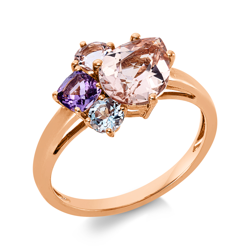 Ring 18 kt RG, 1 Morganit 0,30 ct rosé, 1 Amethyst 0,30 ct pink, 1 Morganit 1,70 ct rosé, 1 Aquamarin 0,20 ct