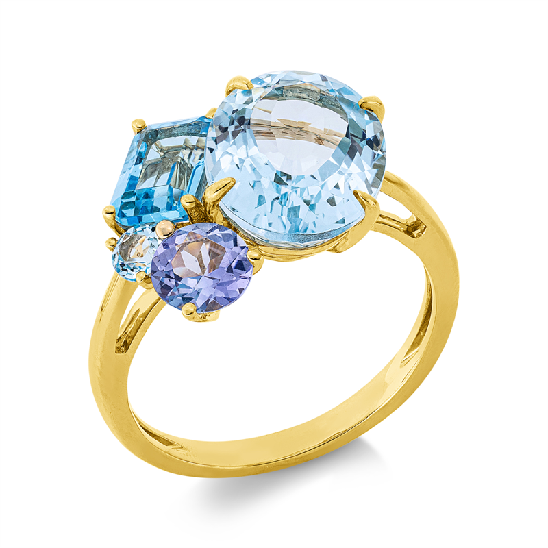 Ring 18 kt GG, 2 Topas 4,90 ct sky blue, 1 Tansanit 0,60 ct blau, 1 Topas 1,20 ct blau