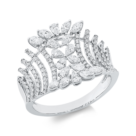 Ring 18 kt WG, 10 Tropfen 0,35 ct, TW-si, 8 Nav. 0,28 ct, TW-si, 86 Brill. 0,34 ct, TW-si
