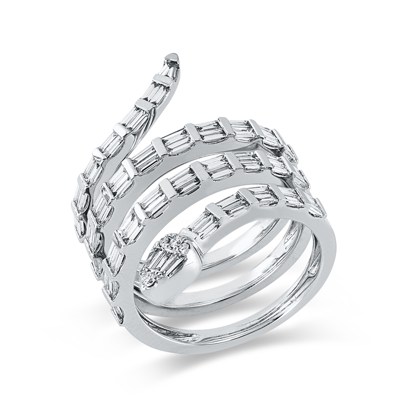 Ring 18 kt WG, 3 Trap. 0,06 ct, TW-si, 63 Bag. 1,27 ct, TW-si, 4 Brill. 0,03 ct, TW-si