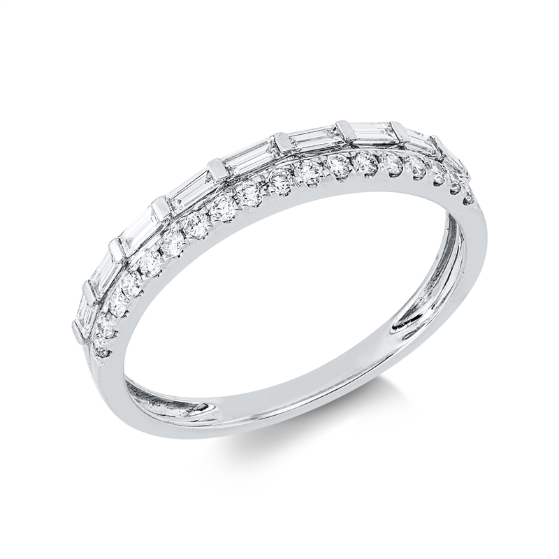 Ring 18 kt WG, 1 Bag. 0,03 ct, TW-si, 8 Bag. 0,20 ct, TW-si, 18 Brill. 0,16 ct, TW-si