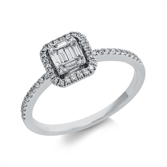 Ring 18 kt WG, 6 Bag. 0,10 ct, TW-si, 48 Brill. 0,16 ct, TW-si