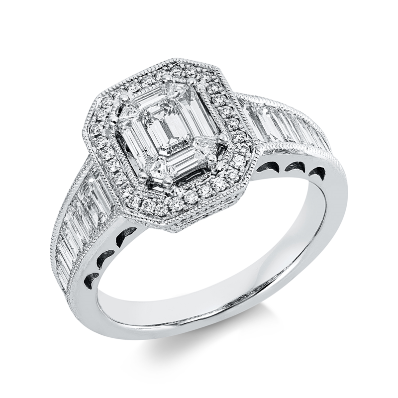 ABVERKAUF Ring 18 kt WG, 30 Tra. 1,19 ct,1 Sm.schliff 0,18 ct, TW-vsi, 56 Brill. 0,18 ct, TW-si
