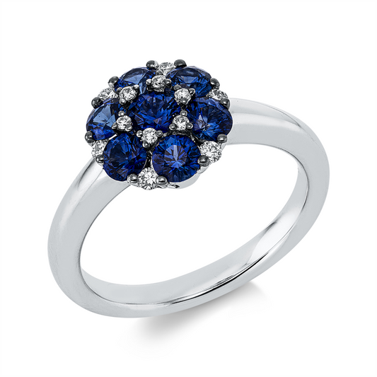 Ring 18 kt WG, 12 Brill. 0,11 ct, TW-si, 7 Saphire 1,11 ct blau