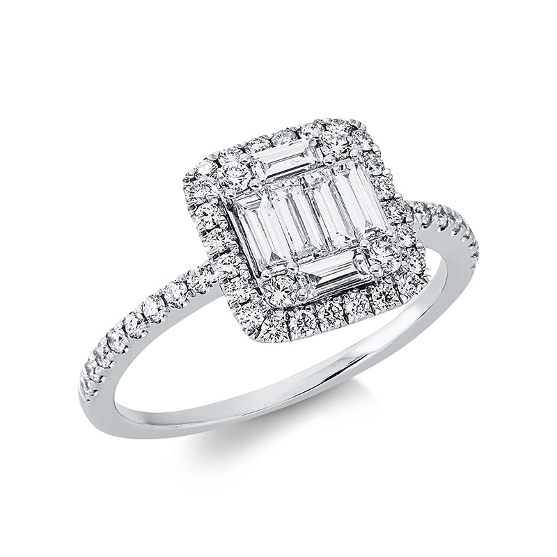 Ring 18 kt WG, 20 Brill. 0,19 ct, TW-si, 6 Bag. 0,42 ct, TW-si, 24 Brill. 0,17 ct, TW-si