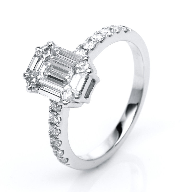 Ring 18 kt WG, 12 Brill. 0,32 ct, TW-si, 9 Sm.schliff 0,78 ct, TW-si, Weite:54