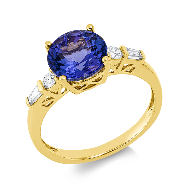 Ring 18 kt GG, 2 Bag. 0,11 ct, TW-si, 2 Brill. 0,12 ct, TW-si, 1 Tansanit 2,68 ct blau