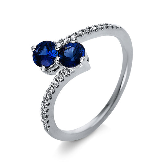 Ring 18 kt WG, 20 Brill. 0,12 ct, TW-vsi, 2 Saphire 0,74 ct blau