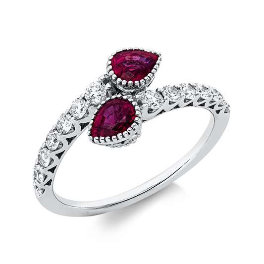 Ring 18 kt WG, 14 Brill. 0,51 ct, TW-si, 2 Rubine 0,96 ct rot