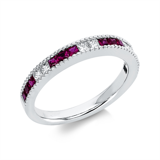 Ring 18 kt WG, 6 Princ. 0,21 ct, TW-vsi, 12 Rubine 0,44 ct rot