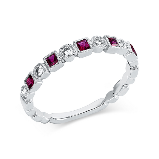 Ring 18 kt WG, 6 Brill. 0,14 ct, TW-si, 5 Rubine 0,21 ct rot