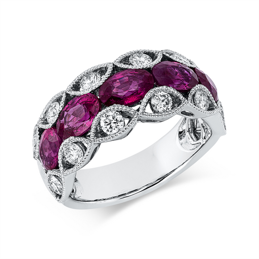 Ring 18 kt WG, 12 Brill. 0,68 ct, TW-si, 5 Rubine 2,97 ct rot