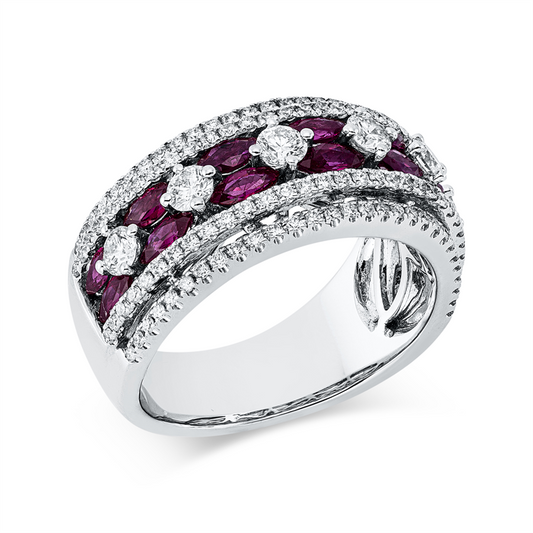 Ring 18 kt WG, 126 Brill. 0,85 ct, TW-si, 14 Rubine 1,08 ct rot