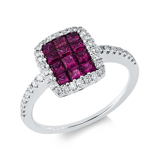 Ring 18 kt WG, 42 Brill. 0,24 ct, TW-si, 12 Rubine 0,71 ct rot