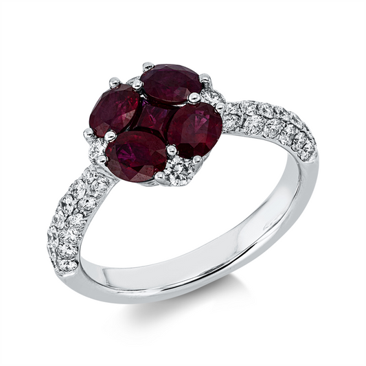 Ring 18 kt WG, 42 Brill. 0,67 ct, TW-si, 1 Rubin 0,17 ct rot, 4 Rubine 1,21 ct rot