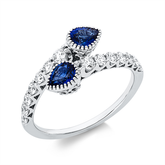 Ring 18 kt WG, 14 Brill. 0,50 ct, TW-si, 2 Saphire 0,73 ct blau