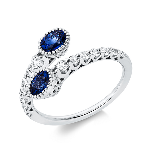 Ring 18 kt WG, 14 Brill. 0,38 ct, TW-si, 2 Saphire 0,78 ct blau
