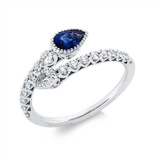 Ring 18 kt WG, 1 Tropfen 0,08 ct, TW-vsi, 17 Brill. 0,39 ct, TW-si, 1 Saphir 0,48 ct blau
