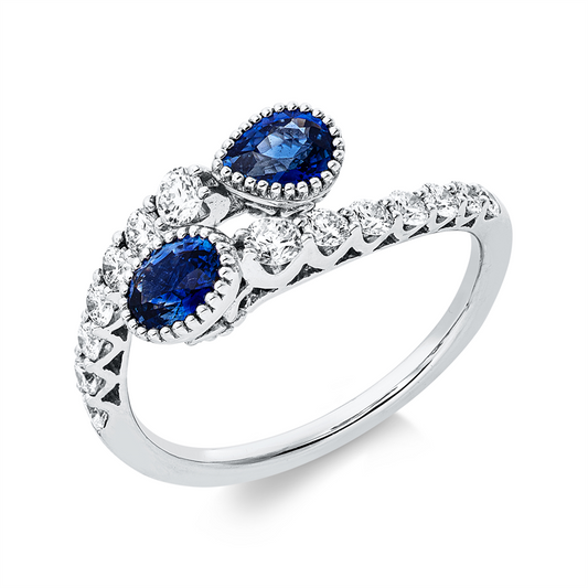 Ring 18 kt WG, 14 Brill. 0,50 ct, TW-si, 1 Saphir 0,39 ct blau, 1 Saphir 0,37 ct blau