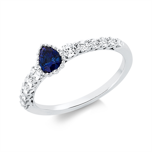 Ring 18 kt WG, 12 Brill. 0,40 ct, TW-si, 1 Saphir 0,44 ct blau
