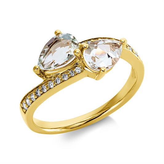 Ring 14 kt GG, 20 Brill. 0,15 ct, W-pi, 2 Amethyste 1,28 ct grün