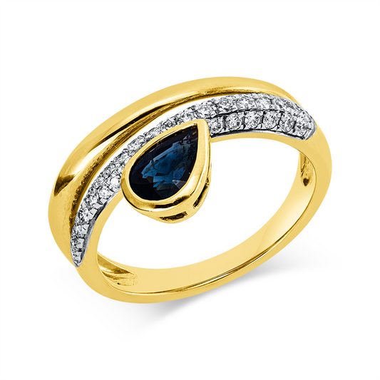 Ring 14 kt GG+WG, 40 Brill. 0,32 ct, W-si/pi, 1 Saphir 0,82 ct blau