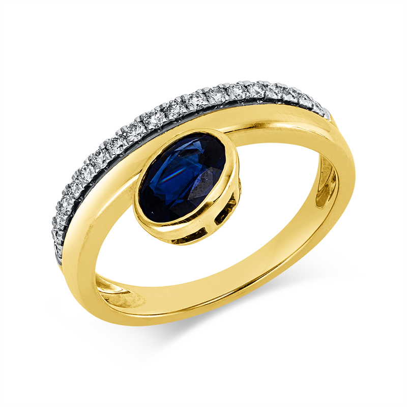 Ring 14 kt GG+WG, 19 Brill. 0,21 ct, W-si/pi, 1 Saphir 0,97 ct blau