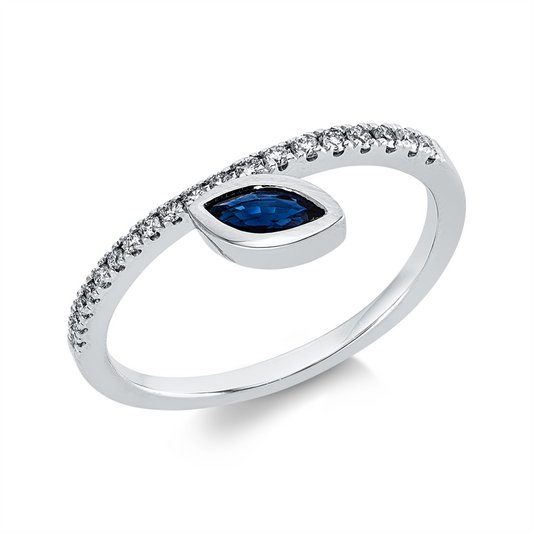 Ring 14 kt WG, 19 Brill. 0,16 ct, W-si/pi, 1 Saphir 0,25 ct blau