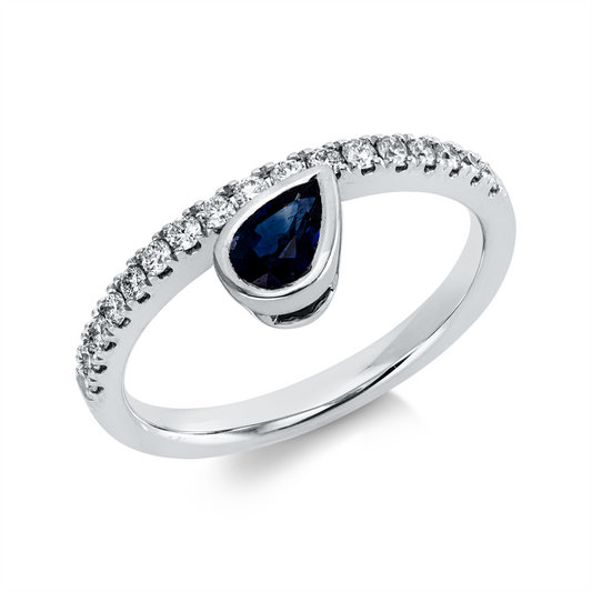 Ring 14 kt WG, 17 Brill. 0,26 ct, W-si/pi, 1 Saphir 0,44 ct blau