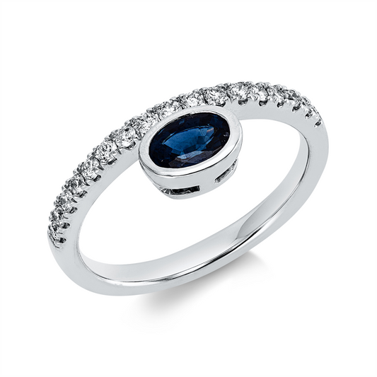 Ring 14 kt WG, 17 Brill. 0,26 ct, W-si/pi, 1 Saphir 0,65 ct blau