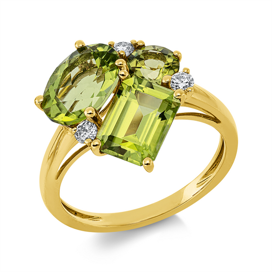 Ring 18 kt GG, 3 Brill. 0,15 ct, TW-si, 1 Peridot 1,90 ct, 1 Peridot 0,60 ct, 1 Peridot 2,20 ct grün
