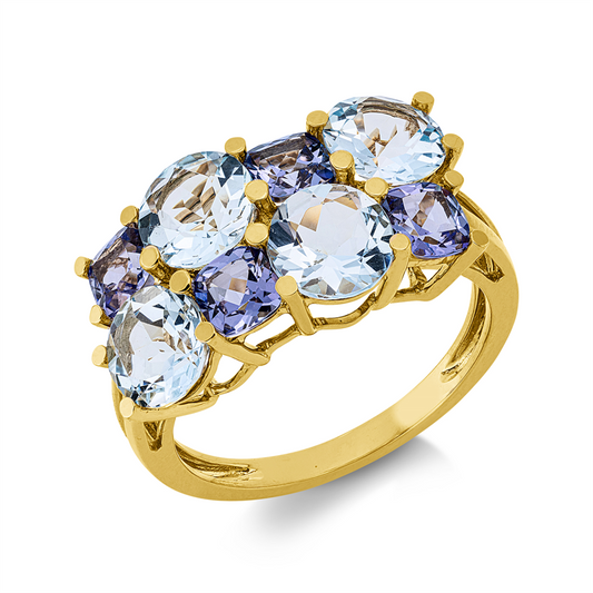 Ring 18 kt GG, 4 Tansanit 1,50 ct blau, 4 Topase 3,20 ct sky blue