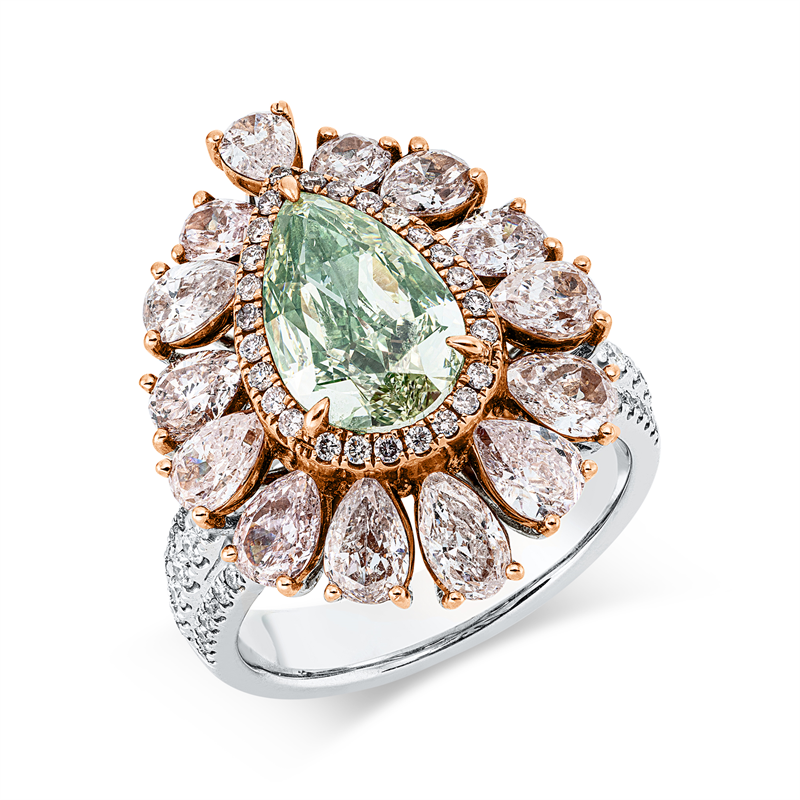 Ring 18 kt,GIA3345733166,1 Tropfen 3,00ct, grün-si1, 66 Brill0,44ct, TW-si, 40 Fant-Schl 2,90ct, pink