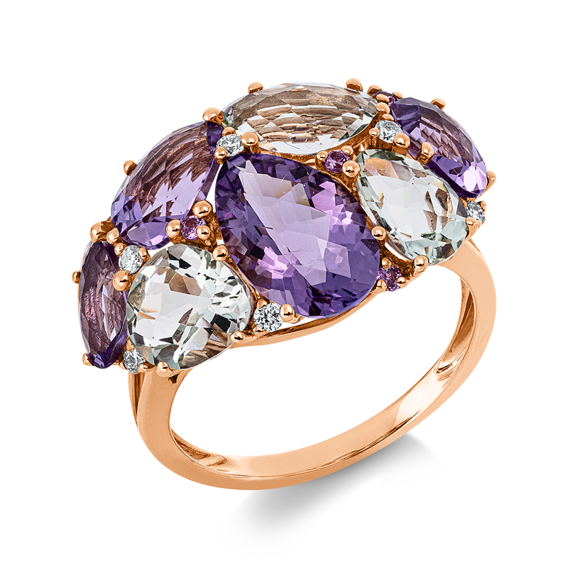 Ring 18 kt RG, 6 Brill. 0,10 ct, TW-si, 3 Ame. 3,20 ct grün, 4 Ame. 3,70 ct pink, 5 Saphire 0,08 ct pink