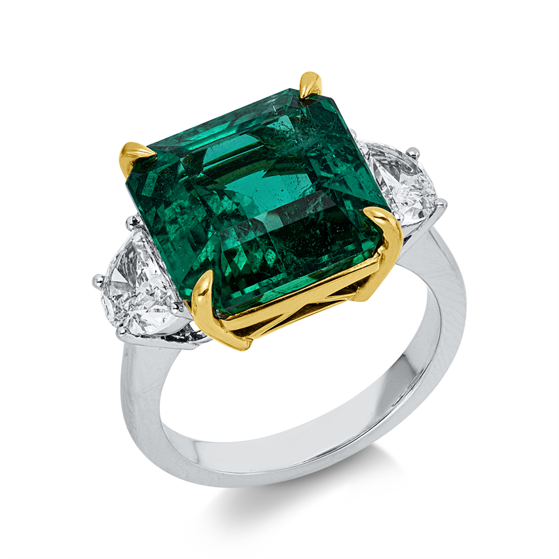 Ring 18 kt WG+GG, AGL 1138781, 2 Halbmond 1,10 ct, TW-si, 1 Smaragd 9,83 ct grün