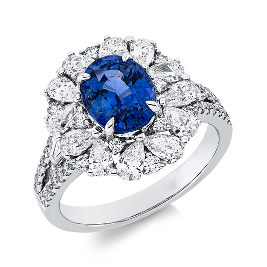 Ring 18 kt WG, 42 Fant-Schl 0,47 ct, TW-si, 12 Tropfen 1,10 ct, F-vsi,1 Saphir 2,26 ct blau