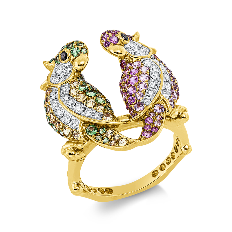 Ring 18 kt RG+WG, 30 Brill. 0,50 ct, TW-vsi, 2 Brill. 0,04 ct, schwarz, 20 Saphire 0,38 ct gelb, 36 Tsavorith 0,52 ct grün, 35 Saphire 0,53 ct pink, 21 Saphire 0,43 ct rosa