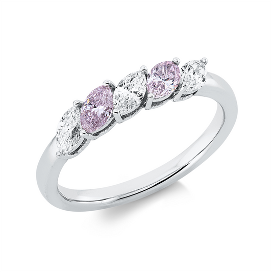 Ring 18 kt WG, 3 Nav. 0,38 ct, TW-si, 2 Nav. 0,37 ct, pink