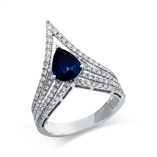 Ring 18 kt WG, 103 Brill. 0,59 ct, TW-si, 1 Saphir 1,42 ct blau