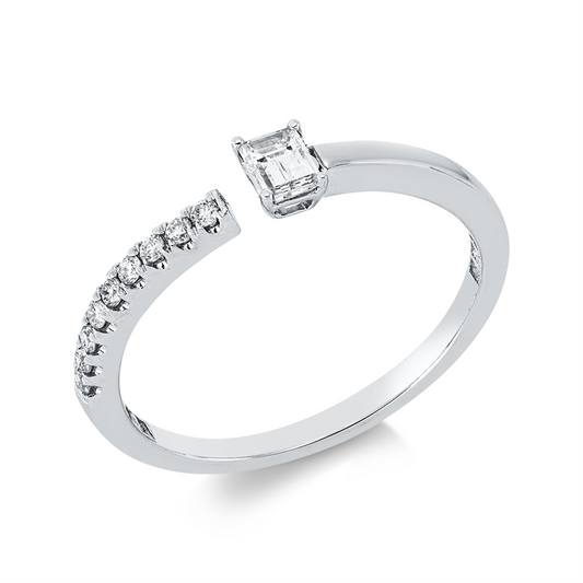 Ring 18 kt WG, 1 Bag. 0,18 ct, F-vsi, 9 Brill. 0,08 ct, TW-si