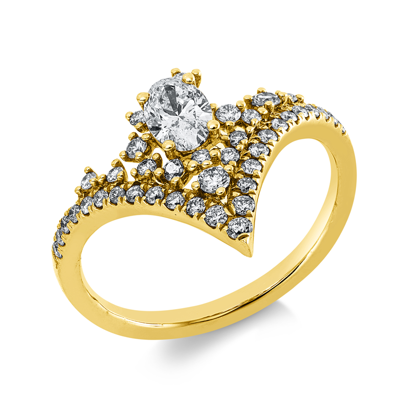 Ring 18 kt GG, 35 Brill. 0,29 ct, TW-si, 1 Oval 0,37 ct, gelb, 5 Brill. 0,09 ct, gelb