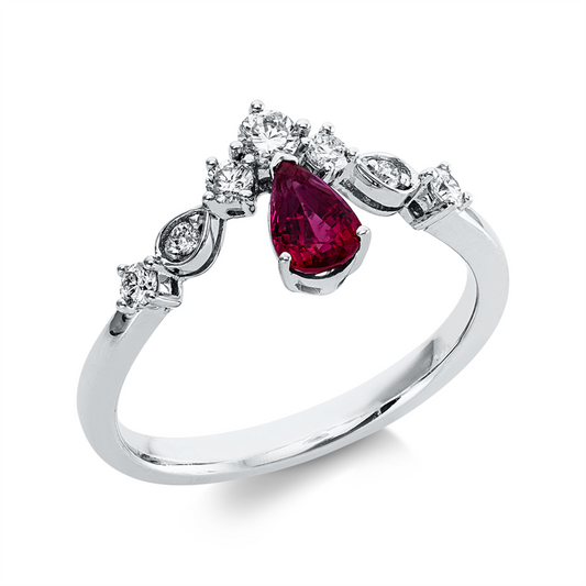 Ring 18 kt WG, 1 Brill. 0,08 ct, W-pi, 6 Brill. 0,16 ct, W-pi, 1 Rubin 0,53 ct rot