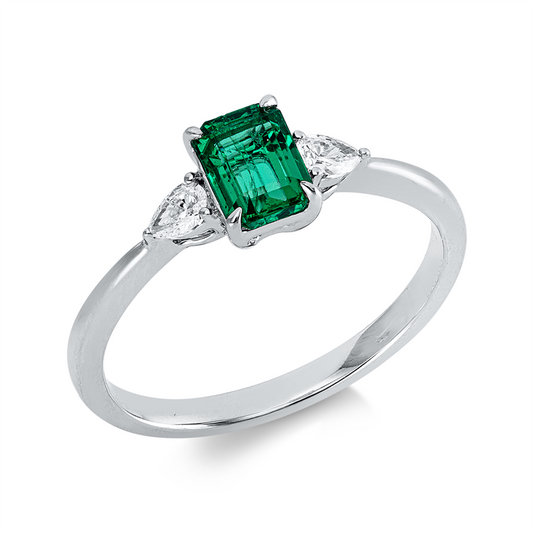 Ring 18 kt WG, 2 Tropfen 0,16 ct, F-vsi, 1 Smaragd 0,62 ct grün