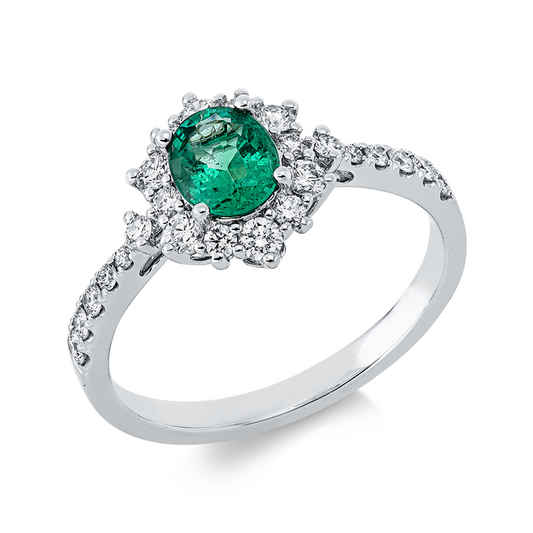 Ring 18 kt WG, 24 Brill. 0,41 ct, TW-si, 1 Smaragd 0,52 ct grün