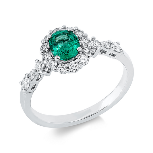 Ring 18 kt WG, 18 Brill. 0,42 ct, TW-si, 1 Smaragd 0,59 ct grün