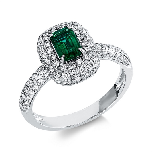 Ring 18 kt WG, 98 Brill. 0,88 ct, TW-si, 1 Smaragd 0,59 ct grün