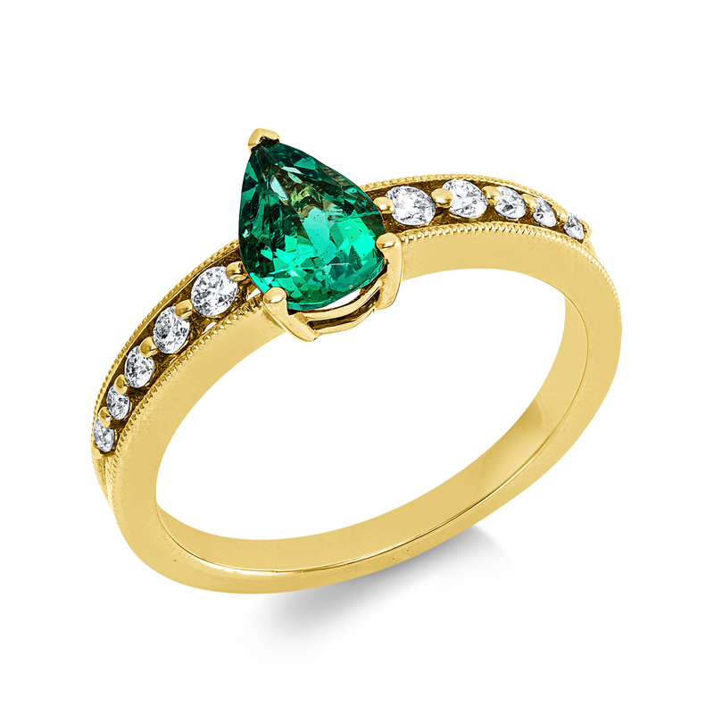 Ring 18 kt GG, 10 Brill. 0,17 ct, TW-si, 1 Smaragd 0,75 ct grün