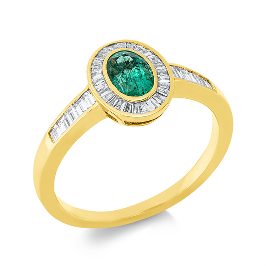 Ring 18 kt GG, 28 Trap. 0,13 ct, TW-si, 10 Bag. 0,15 ct, TW-si, 1 Smaragd 0,52 ct grün